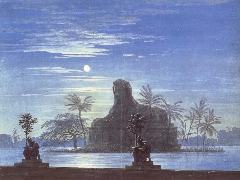 The Garden of Sarastro by Moonlight with Sphinx,decor for Mozart-s opera Die Zauberflote, Karl friedrich schinkel